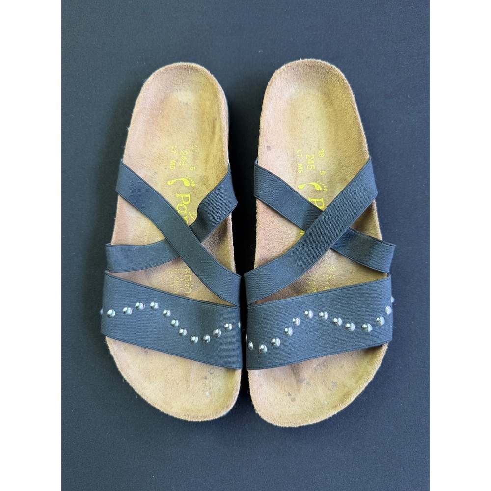 Papillio Birkenstock Sandals 38 7 Black Elastic Studded Cork Slide Boho Comfort